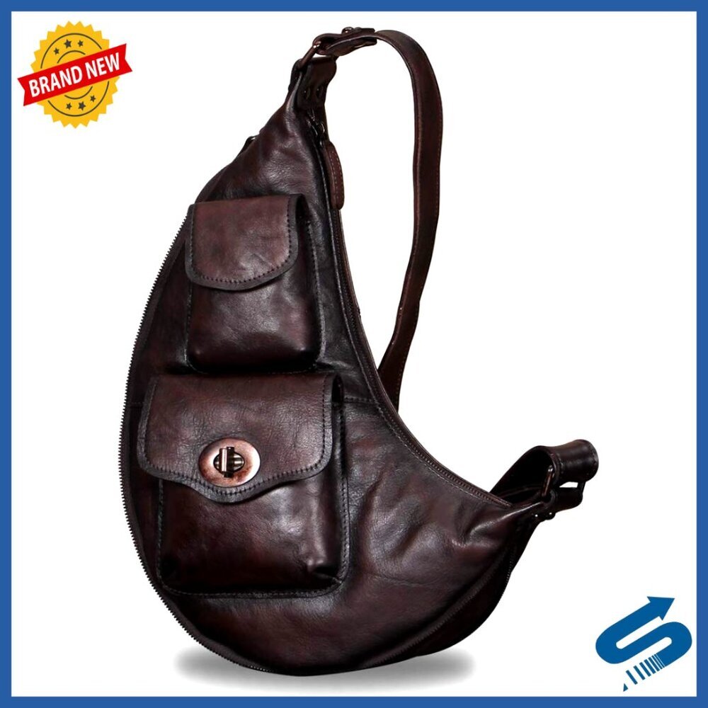 Genuine Leather Sling Backpack Crossbody Messenger Bag for Men Women